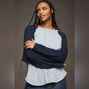 Anthropologie Pilcro Ruffled Raglan Thermal Top, blue, size small